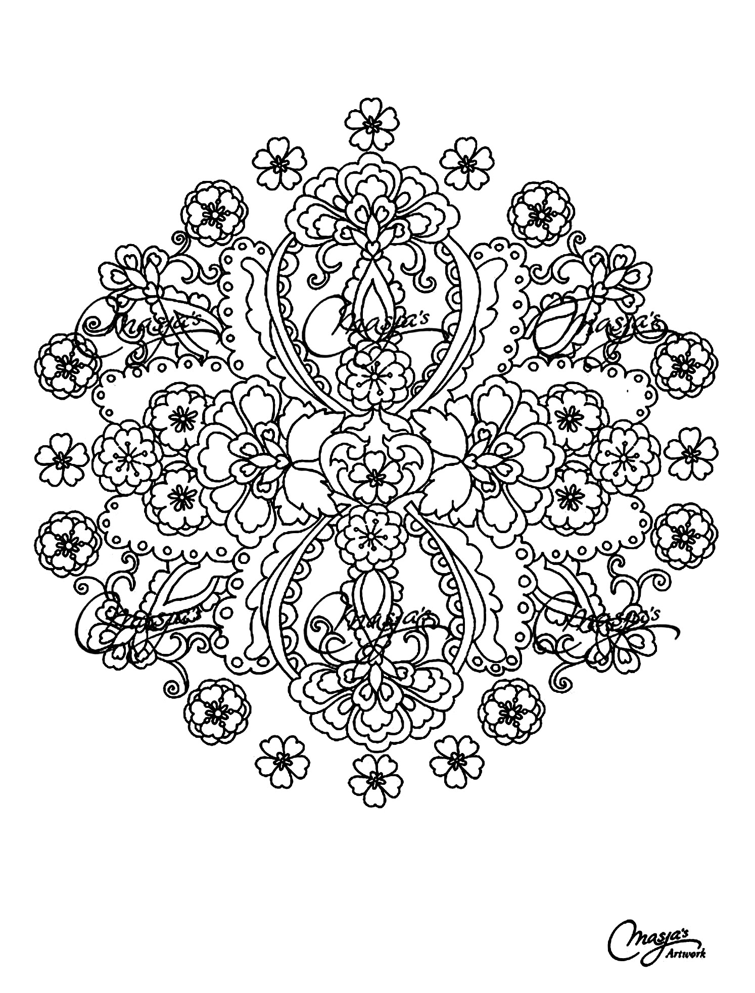 Original mandala assez fleuri avec différents types de fleur. Assez compliqué à colorier.